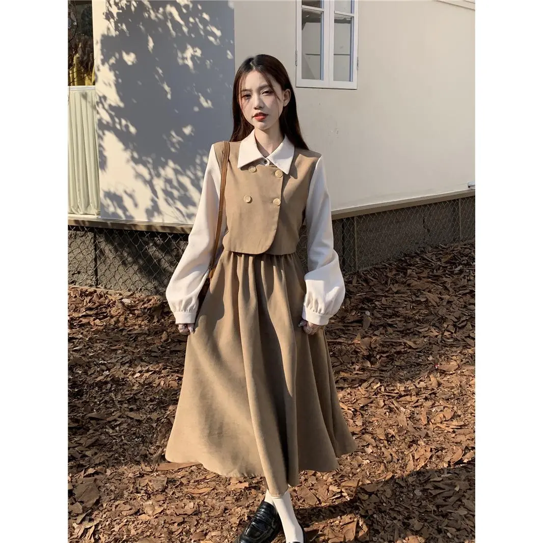 Fake Two Pieces Dress Women's Autumn 2025 New High-Grade French Waist Slimming Mid-Length Long Sleeve Hepburn Dress Casual Womenswear