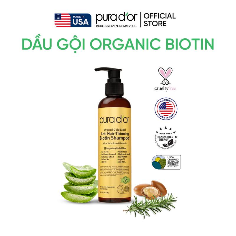 [Live] Dầu Gội Hữu Cơ Hỗ Trợ Giảm rụng tóc, mọc tóc Biotin Pura D'or Original Gold Label Chăm Sóc Tóc 236ml