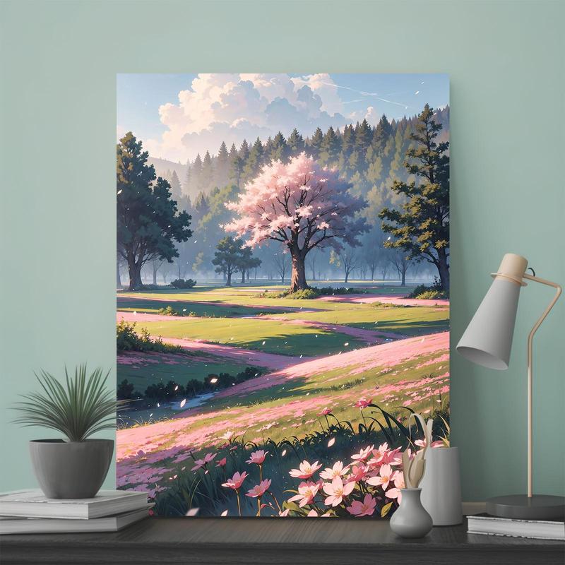 Spring Cherry Blossoms Landscape Pattern Painting with Frame, Creative Wall Art Poster, Wall Art Decor for Home Living Room Bedroom 0