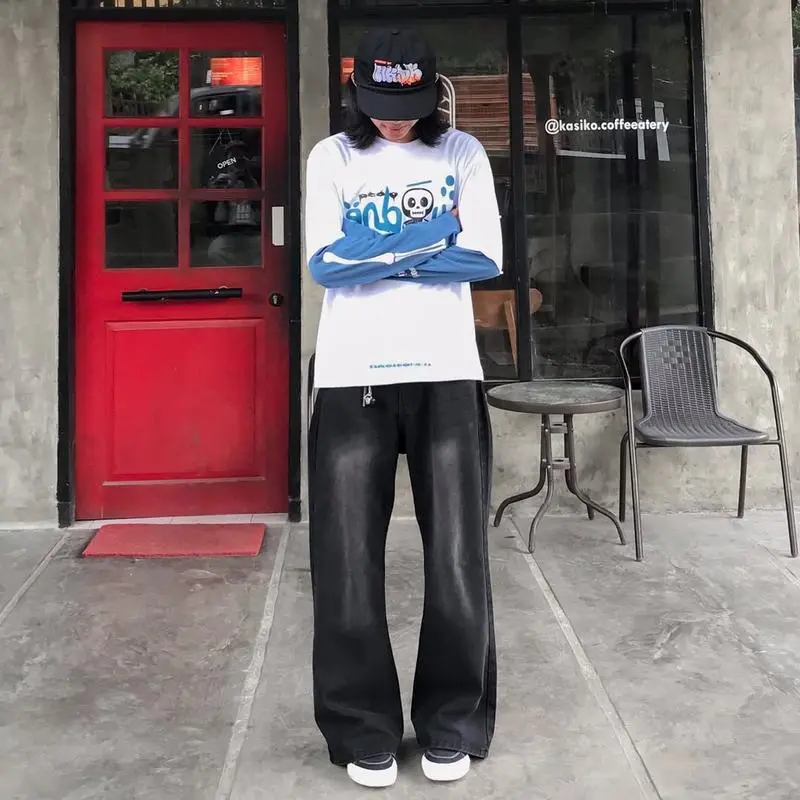 Celana Jeans Kulot Pria Baggy Pants Skena Y2K Pinggang Loose Straight Jumbo Cowok Biru Hitam Shabby Chic Loose-fitting - Basic Pendek Panjang Distro Vintage Santai Wanita Dewasa Casual Oversize 0