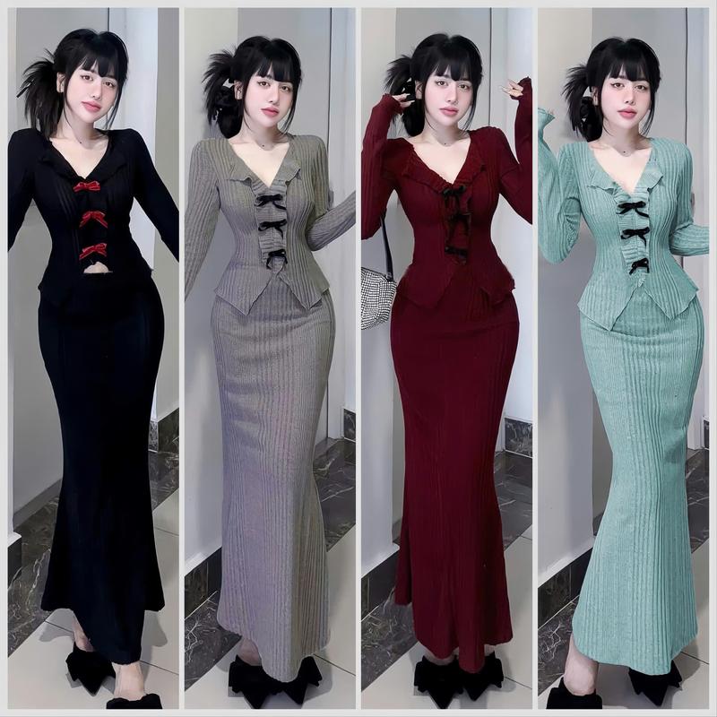 Set Chân Váy Đuôi Cá Dáng Dài Mix Áo Tay Dài Cổ V Đính Nơ Viền Bèo Tà Nhọn Chất Thun Gân Thái Thích Hợp Đi Tiệ Đi Chơi HT Nữ Women Top Đỏ
