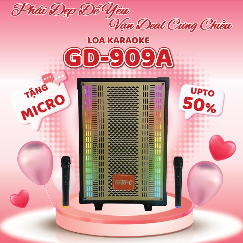 [GD Audio] Loa Karaoke Nghe Nhạc Phiên Bản Cải Tiến Nâng Cấp GD-909A - Bass 20cm - Công Suất 100W - Đi Kèm 2 Mic Không Dây Củ Loa Kem loa  kéo loa  bluetooth loa bluetooth loa  karaoke led