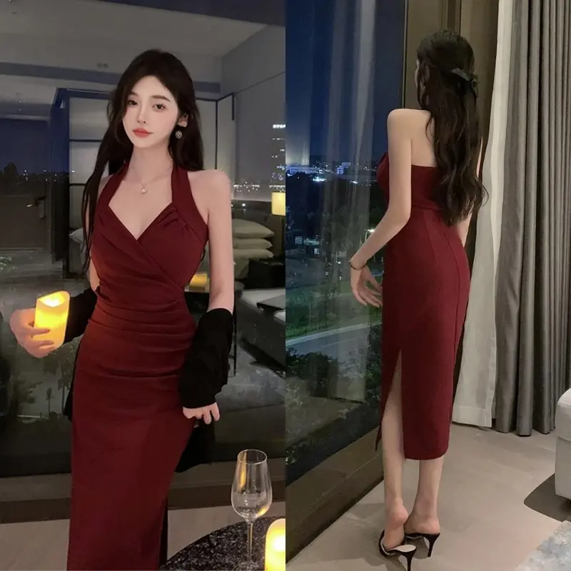 7861 summer korean red long dress fitted backless formal prom dress elegant sexy cocktail christmas dress 4