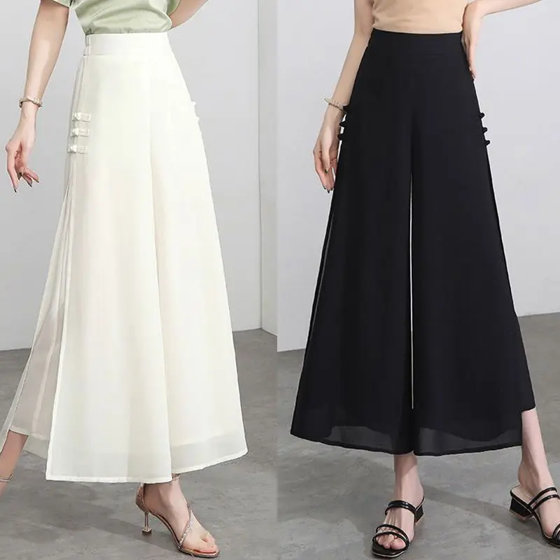 Quần Voan Ống Rộng, Cạp Cao, Dành Cho Mùa Hè Của Phụ Nữ, Cropped Xén, Hàng Mới Về 2024, Quần Thường Ngày Xẻ Tà, Cropped Xén Mỏng, Quần Thẳng Dáng Rộng Ong Women