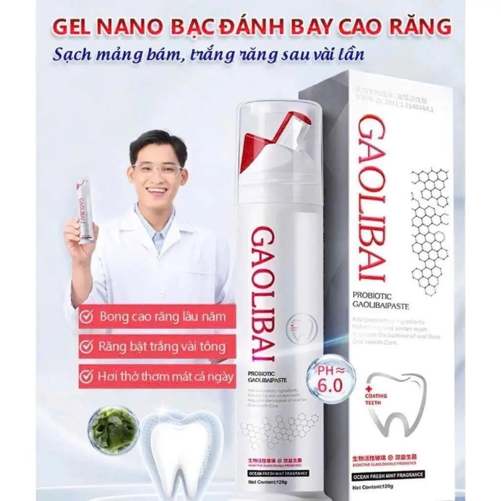 ￼Kem đánh răng Nano Bạc GAOLIBAI đánh bai mảng bám,trắng răng,giảm hôi miệng 120g