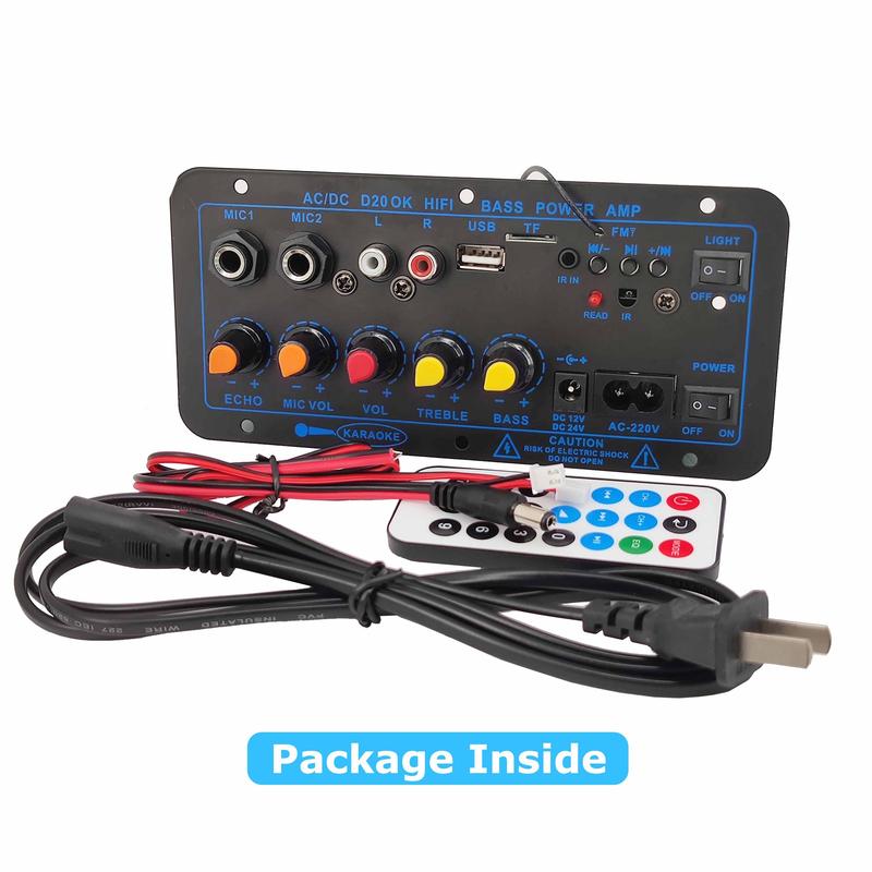 Product Introduction of 220v 12v 24v Digital Bluetooth 5.0 Karaoke Amplifier Board HiFi Stereo Subwoofer Dual Microphone Amplifiers For 8-12 Inch Speaker 50