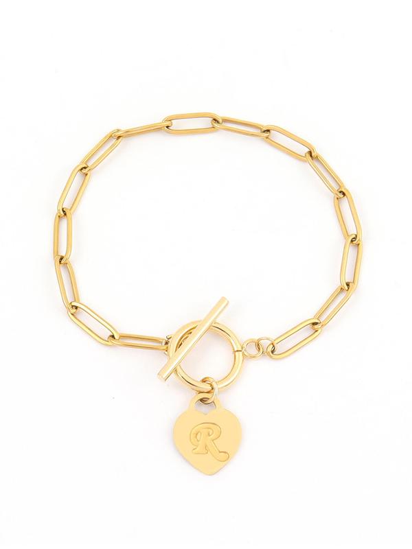 Heart Initial Charm Decor Bracelet, Fashion Stainless Steel Toggle Clasps Paper Clip Chain Bracelet for Women, Trendy All-match & Exquisite Jewelry for Birthday Gift 2