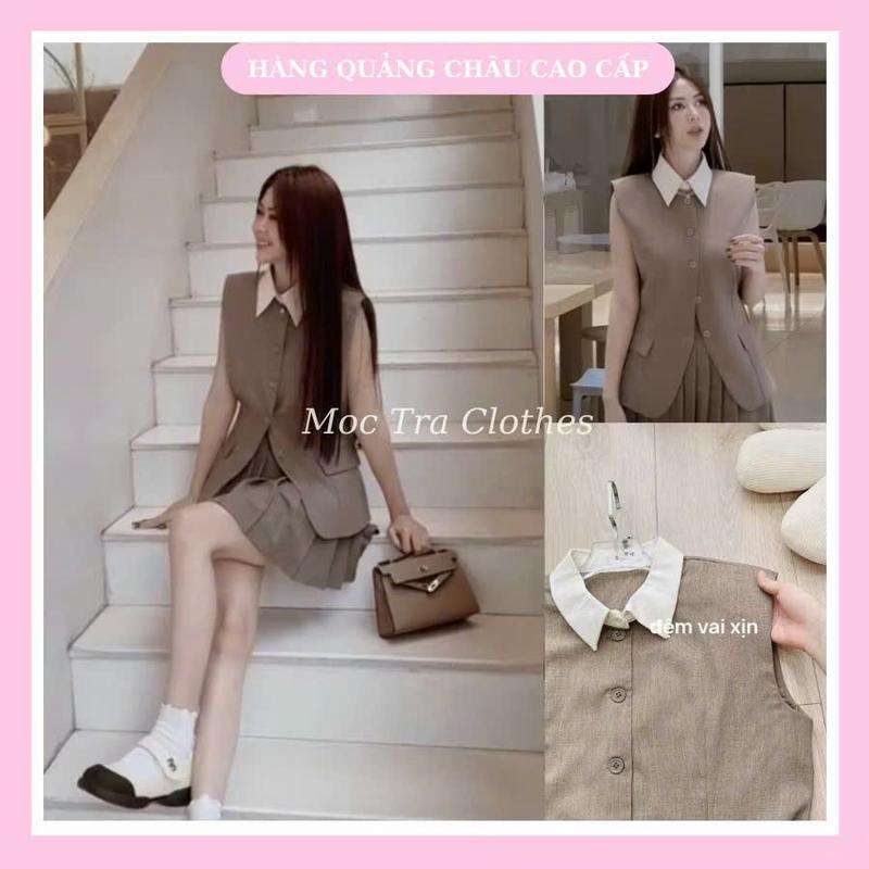  Set áo váy be tây Quảng Châu thiết kế áo sơ mi sát nách phối cổ trắng bẻ mix chân váy xếp ly xòe ngắn tiểu thư 