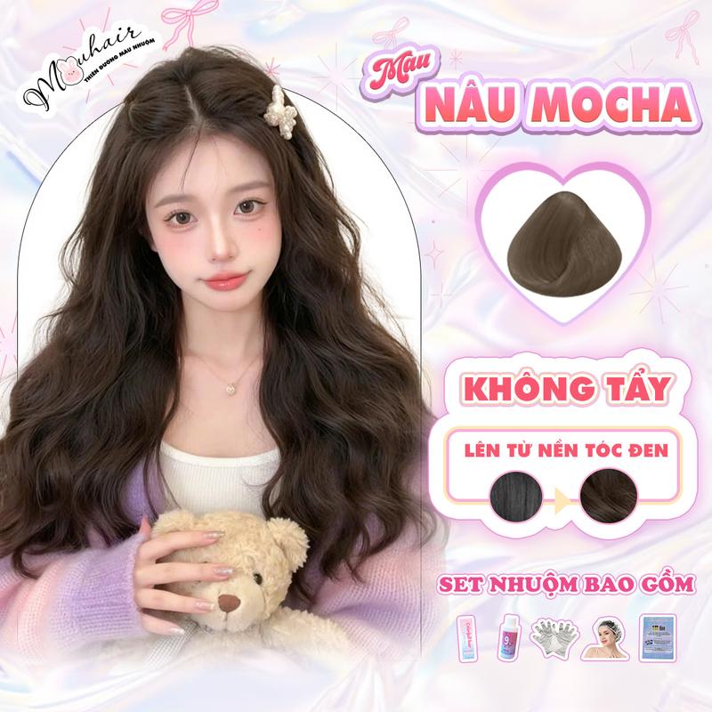 Thuốc nhuộm tóc, Thuốc nhuộm tóc màu NÂU MOCHA, Mouhair, tặng oxi trợ dưỡng,bao tay, mũ trùm, bịt tai. Đổi Màu Tóc Nữ