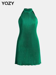 YOZY Plain Pleated Halter Neck Tank Dress/ Elegant Sleeveless Short Dress, 2024 Women's Spring & Fall Outfits for Party, Holiday, Wedding Guest