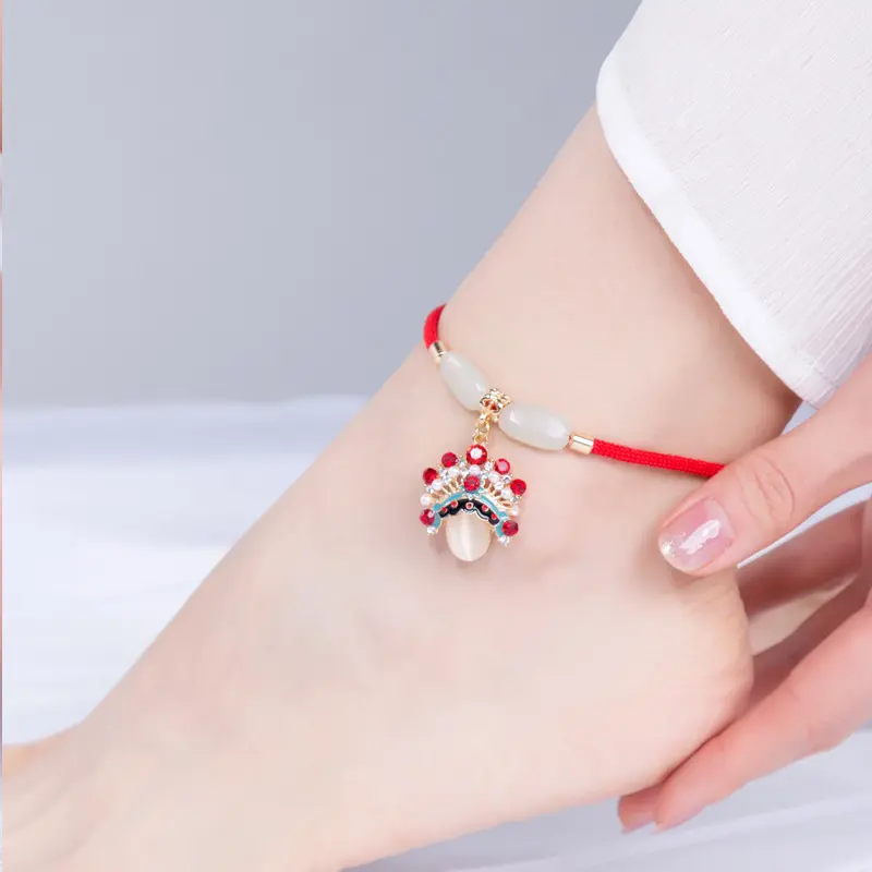 Face Mask Chinese Style Anklet Hetian Jade Accessories Red Rope Adjustable Chinese Style Jewelry Foot Ornament NO.2254