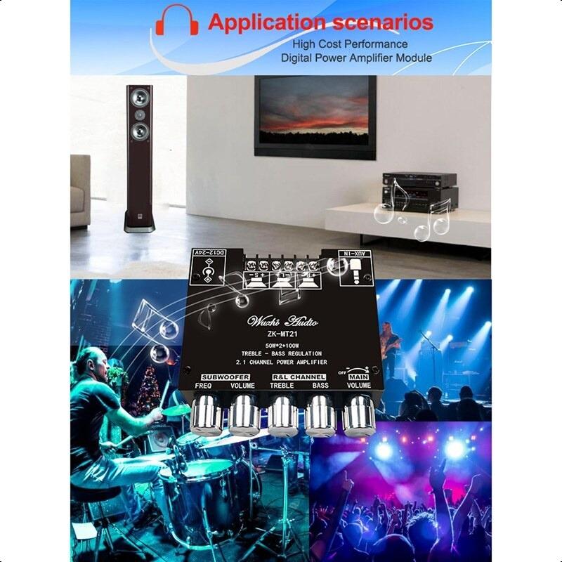 Product Introduction of 【จัดส่งภายใน 1-3 วัน】ZK-MT21 Bluetooth 5.0 เครื่องขยายเสียงซับวูฟเฟอร์ 50WX2 + 100W 2.1 Channel Power Audio Stereo Amplifier 53