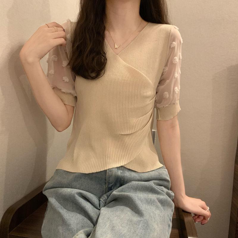 Product Introduction of Áo Thun Thiết Kế Voan Dáng Ôm, Knatwear, Cổ Chữ V, Ngắn, Dành Cho Nữ, Màu Đỏ Ngủ, Quần Áo Nữ 8