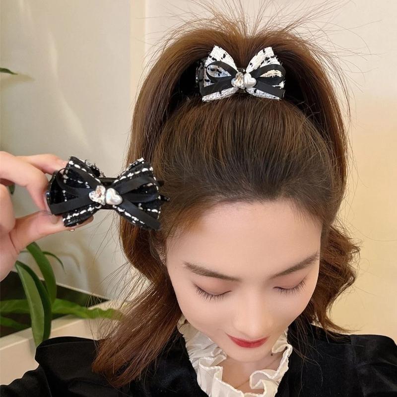 Kẹp tóc càng cua dài phối nơ vải dạ đính cặp pha lê tim sang trọng K157