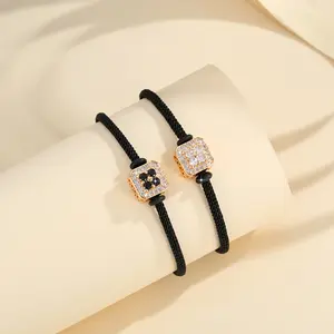 LM695 【COD】 Gelang Wanita Lapis Emas Kristal Anti Pudar Gelang Tali Hitam Merah Titanium Modis Dapat Disesuaikan untuk Dewasa