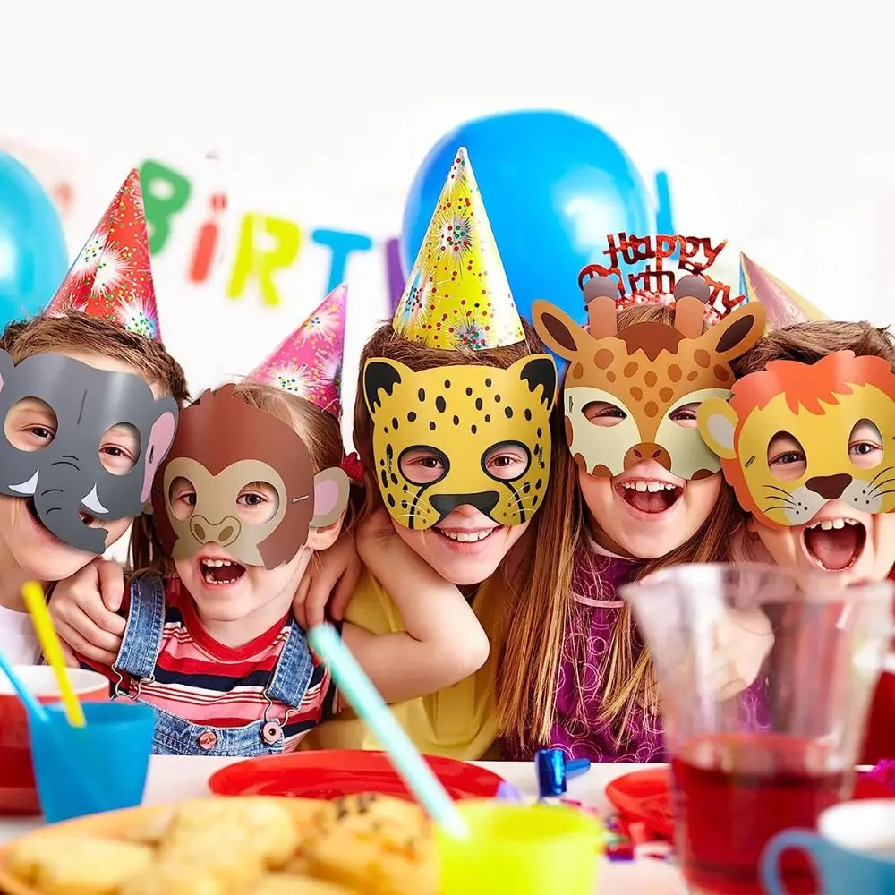 16pcs Party Supplies Cartoon Jungle Animal Mask Lion Tiger Elephant Paper Zoo Jungle Mask Festival DIY Craft Cosplay Party Masks Holiday Party Decor