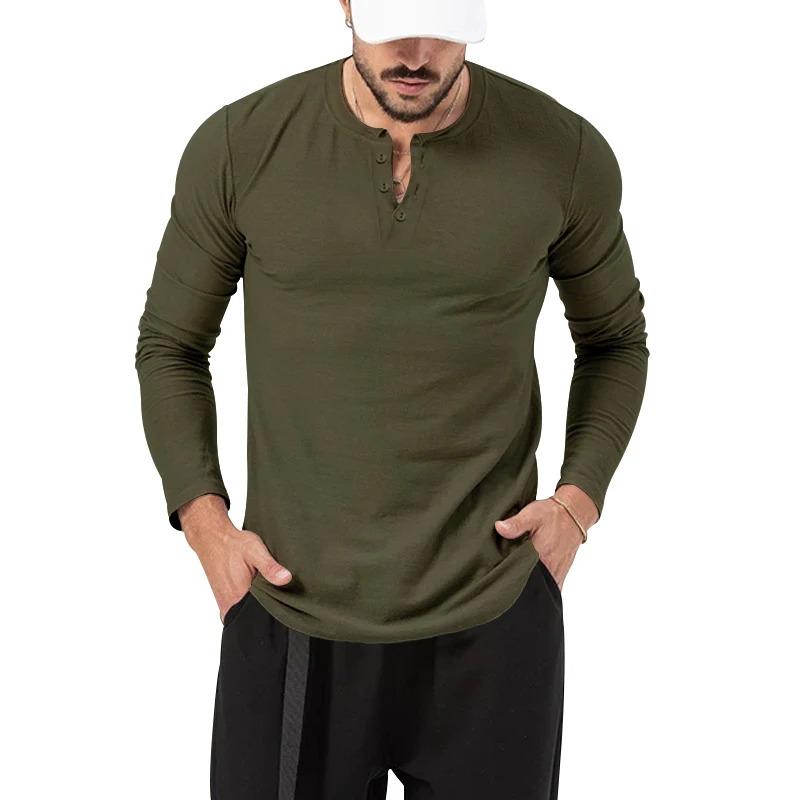 Áo Thun Nam, Cổ Tròn, Màu Trơn Cài Nút, Dài Tay, Henley, Áo Sơ Mi Lớp Nền Thể Thao Thường Ngày 3