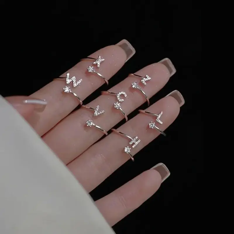 Korea Sederhana Surat Liar Berlian 26huruf Inggris Terbuka Adjustable Cincin Halo Perhiasan Gadis