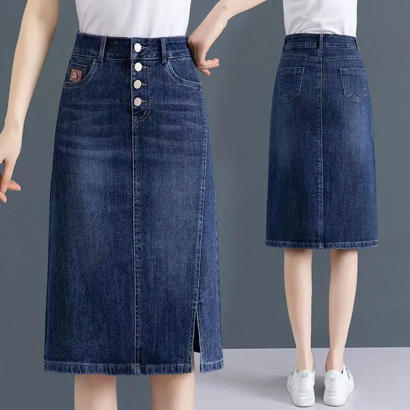 Chân Váy Denim, Cạp Cao, Dài Trung Bình Dành Cho Nữ, Phong Cách Mùa Xuân Và Mùa Hè, Co Giãn, Bó Sát, Xẻ Tà, Chân Váy Ôm Chữ A, Hàng Mới Về Năm 2024