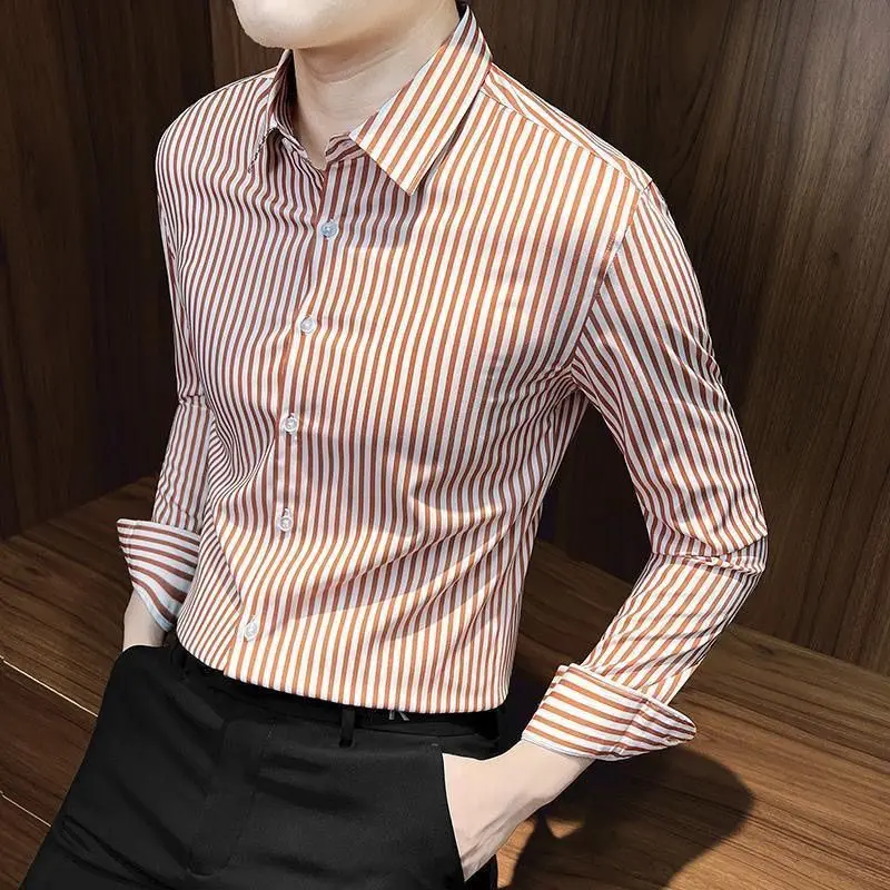Áo Sơ Mi Sọc Dọc, Dành Cho Nam Giới, Tay Áo Dài, Mùa Xuân Mới, Phong Cách Doanh Nhân, Cao Cấp, Mặc Áo Sơ Mi, Pu Đẹp Trai, Áo Sơ Mi Cao Cấp
