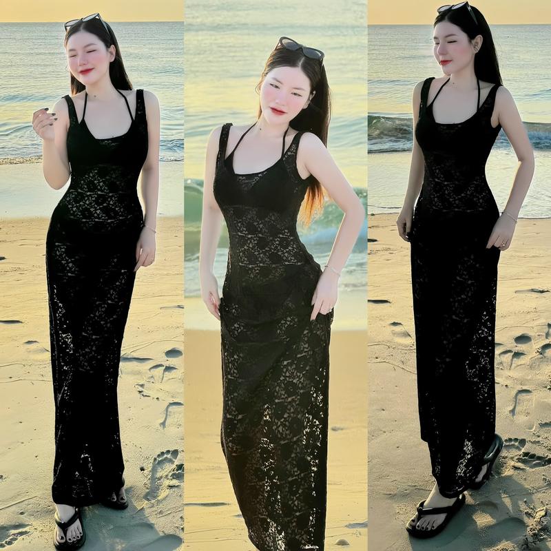  Set đồ nữ 3 món đi biển áo lót thiết kế cổ yếm kèm quần mix váy body ren dáng dài sang chảnh dành cho các nàng diện đi chơi Women Top 