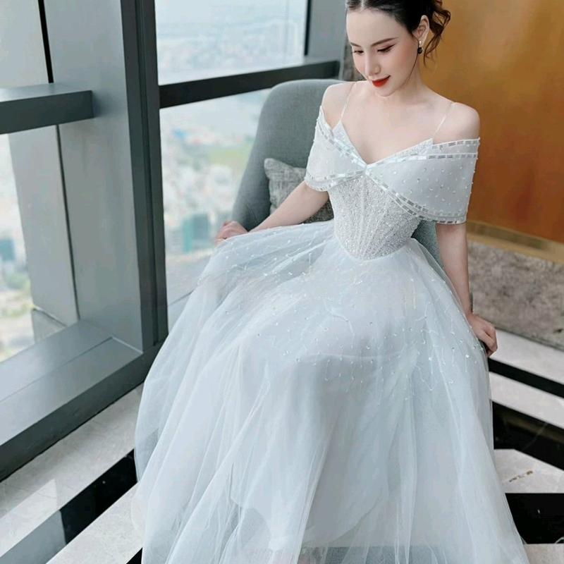 ĐẦM CÔ DÂU XOÈ TRỄ VAI KẾT 33SK Nữ Kem Women Dress Kim Tuyến Đỏ 6