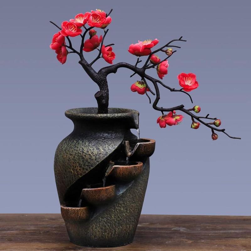Product Introduction of New Resin Indoor FengShui Ornaments Water Fountain 15.7in Flower Vase Waterfall Fountain with Simulated Decorative Trees Indoor Waterfall Study Office Tea Room 20