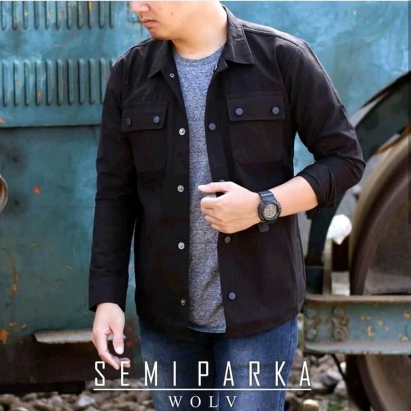 Jaket Semi Parka Casual Trucker Canvas Pria Mewah dan keren Army Hijau Maroon Mustard Hitam Biru Merah Navy Panjang Muda Kancing 1