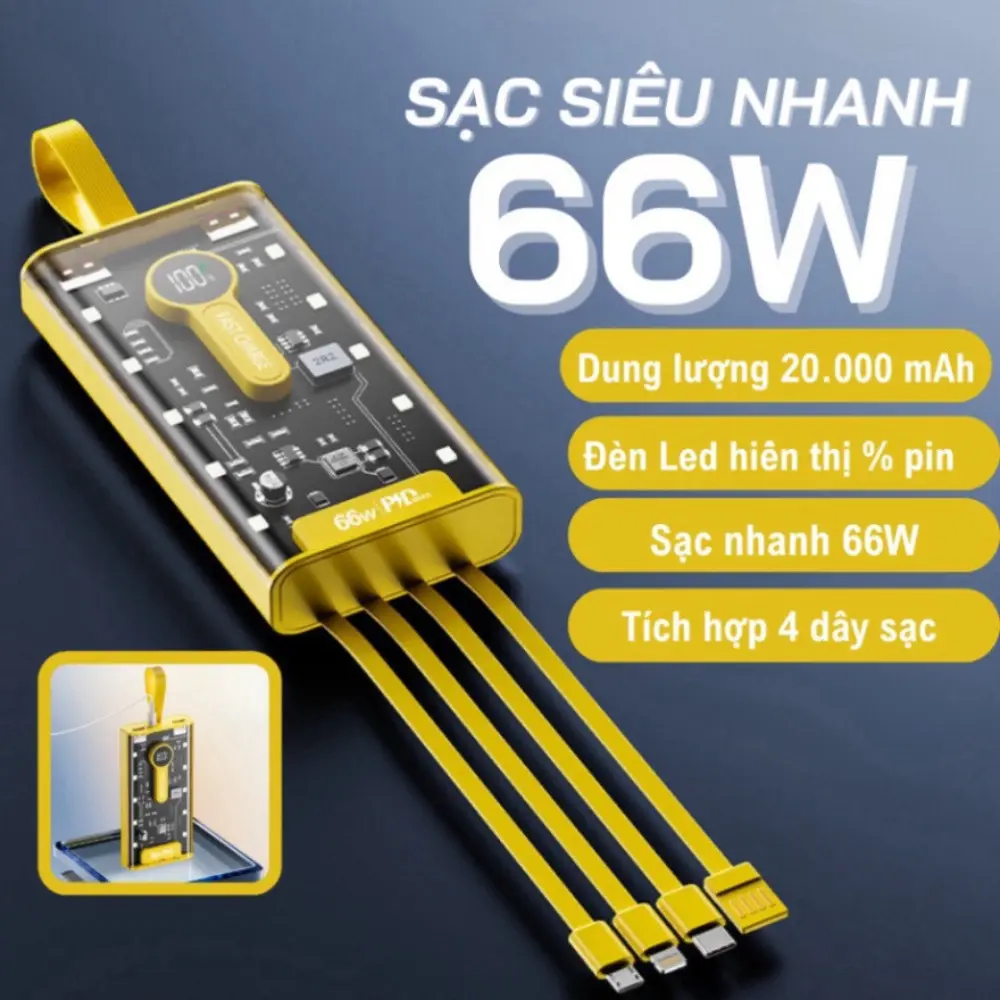 Sạc Dự Phòng Trong Suốt 20000mAh Với Cổng Sạc Nhanh 22.5w và PD 20W Kèm 4 Đầu Sạc Màn Hình LED
