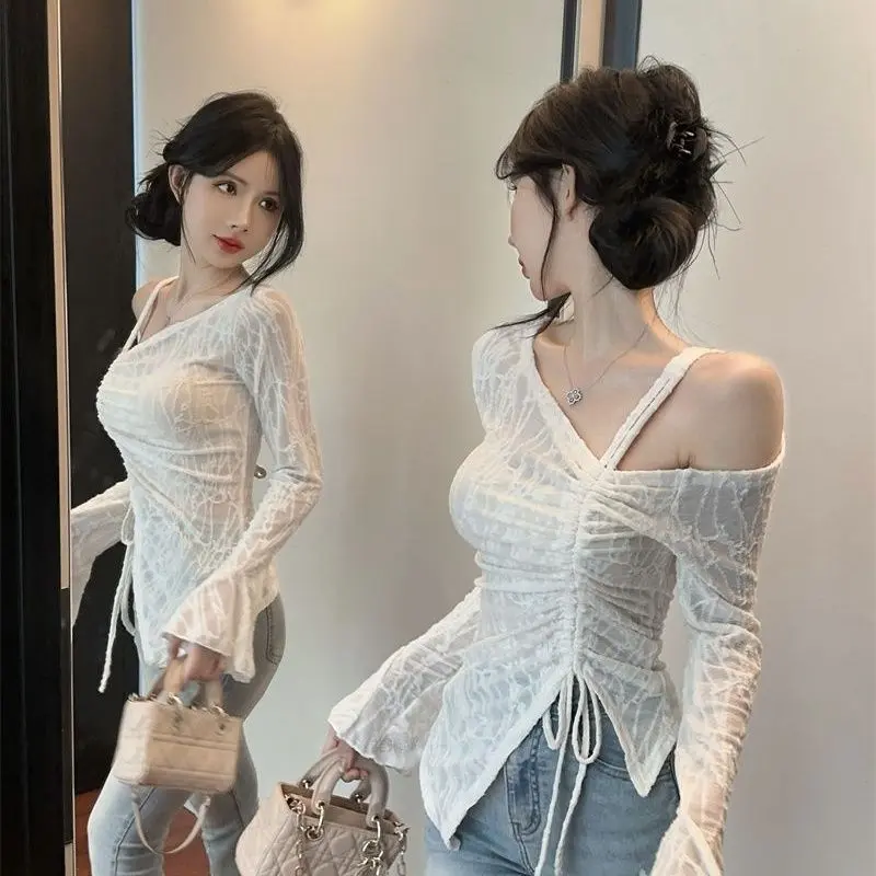 Áo Sơ Mi Nữ, Cá Nhân Hóa, Phong Cách Ngọt Ngào Và Nóng Bỏng, Một Vai Và Tay Áo Lạnh Vai, Dài Tay Bất Đối Xứng, Với Lớp Nền Ren, Thiết Kế Đẹp, Áo Tay Chuông, Đầu Mùa Thu Top Women Voi Shirt Voan