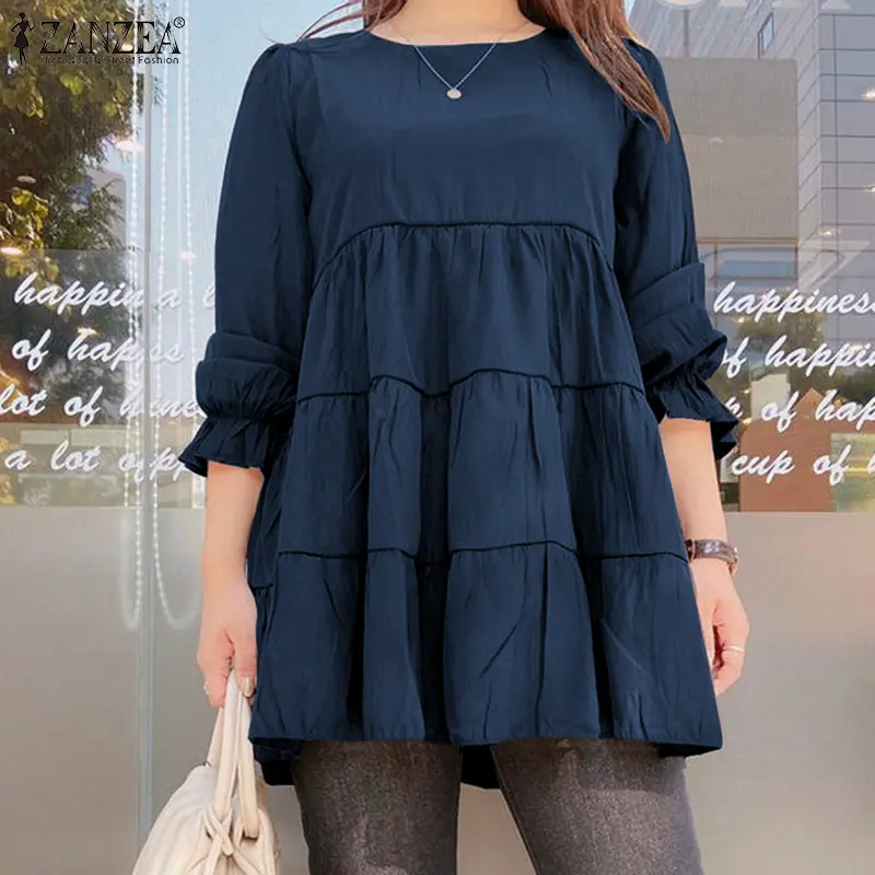 ZANZEA Women Full Sleeve Patchwork A-Line Top Round-Neck Solid Loose Casual Elegant Blouses *