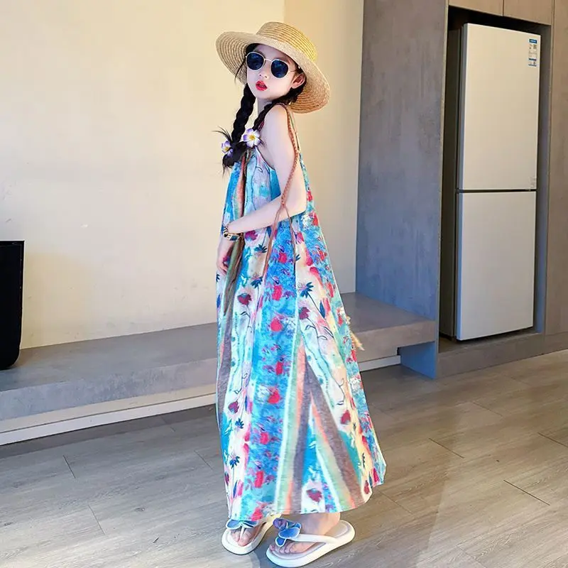 Váy Bé Gái, Bộ Sưu Tập Mùa Hè Mới 2024, Phong Cách Phương Tây, Phong Cách Hepburn, Dành Cho Trẻ Em Trung Bình Và Lớn, Váy Hai Dây, Thích Hợp Cho Kỳ Nghỉ Trên Bãi Biển Của Bé Gái, 2024