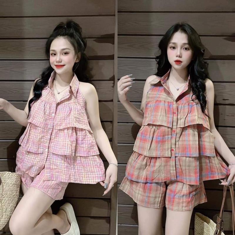 Set Bộ Đùi Caro Áo BabyDoll Phối Tầng Cổ Trụ Sát Nách Nữ Top Nữ Nhung Women