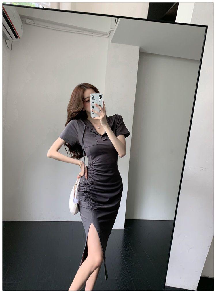 Product Introduction of Casual new style fashionable split mid length hooded skirt with women's summer temperament, waist cinched short sleeved drawstring dress 7
