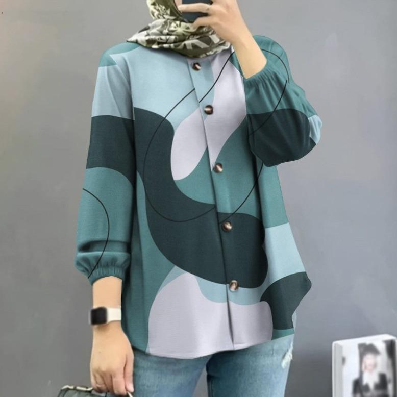 Female Top Women's Muslim Floral Shirt Robe Fashion Puff Sleeve Shirt 2