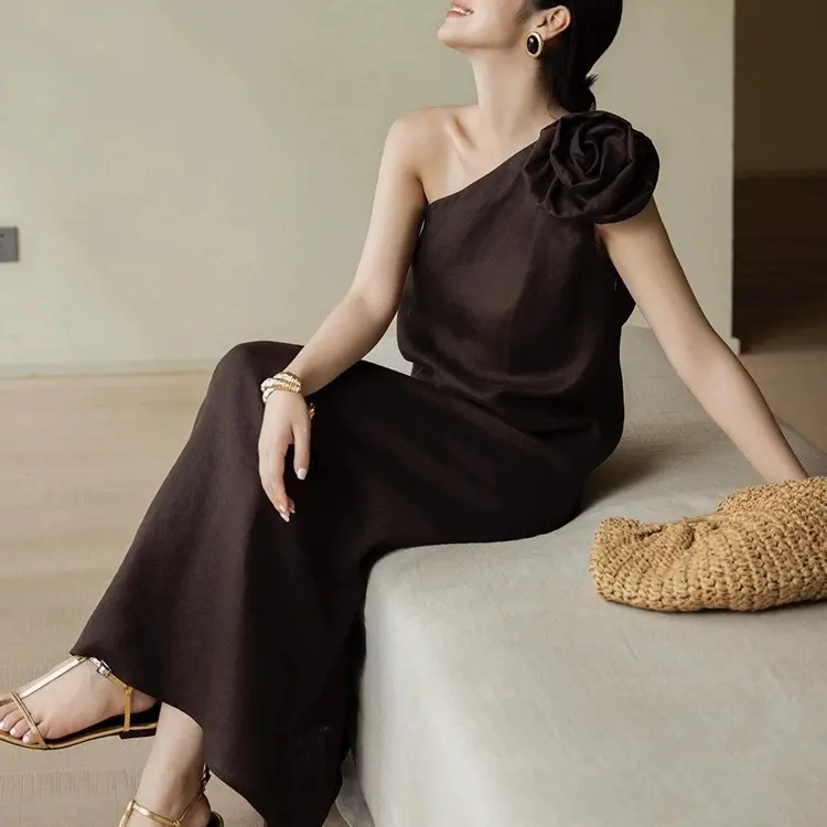 Đầm Linen Hoa Lệch Vai Cao Cấp