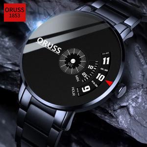 ORUSS Original Men Stainless Steel/Leather Luxury Waterproof Unique Black Watch Mens Analog Luminous Korean Version Automatic Quartz Swiss Wrist Watch For Men Jam Tangan Lelaki