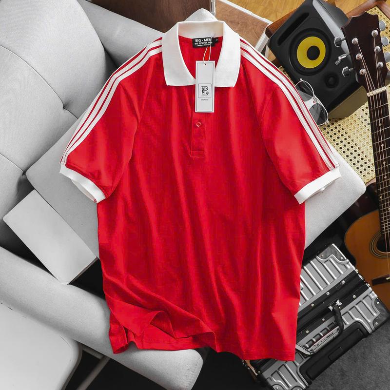 Bigmen.Bigsizemen- Áo thun polo chất vải cotton màu đỏ sọc vai thời trang bigsize nam 85- 135 kg