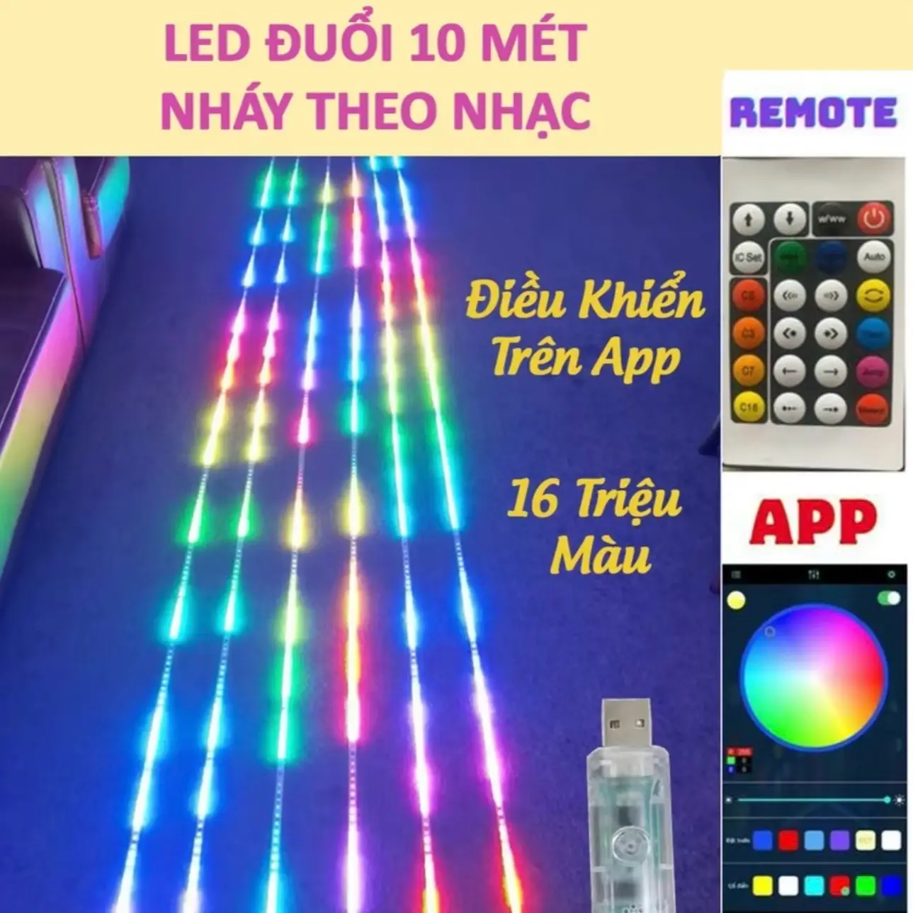 Đèn led RGB 16 triệu màu 10M điều khiển bằng điện thoại Remote , nháy theo nhạc , led đuổi , LED giọt lệ