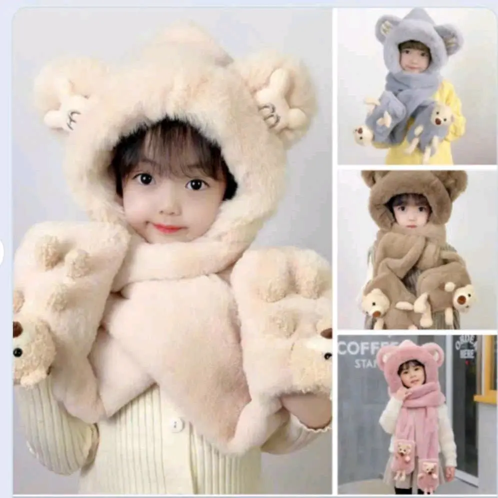 Mũ len trẻ em kèm khăn quàng cổ và găng tay hình gấu cho bé từ 3 tuổi đến 15 tuổi giữ ấm trong mùa đông lạnh giá