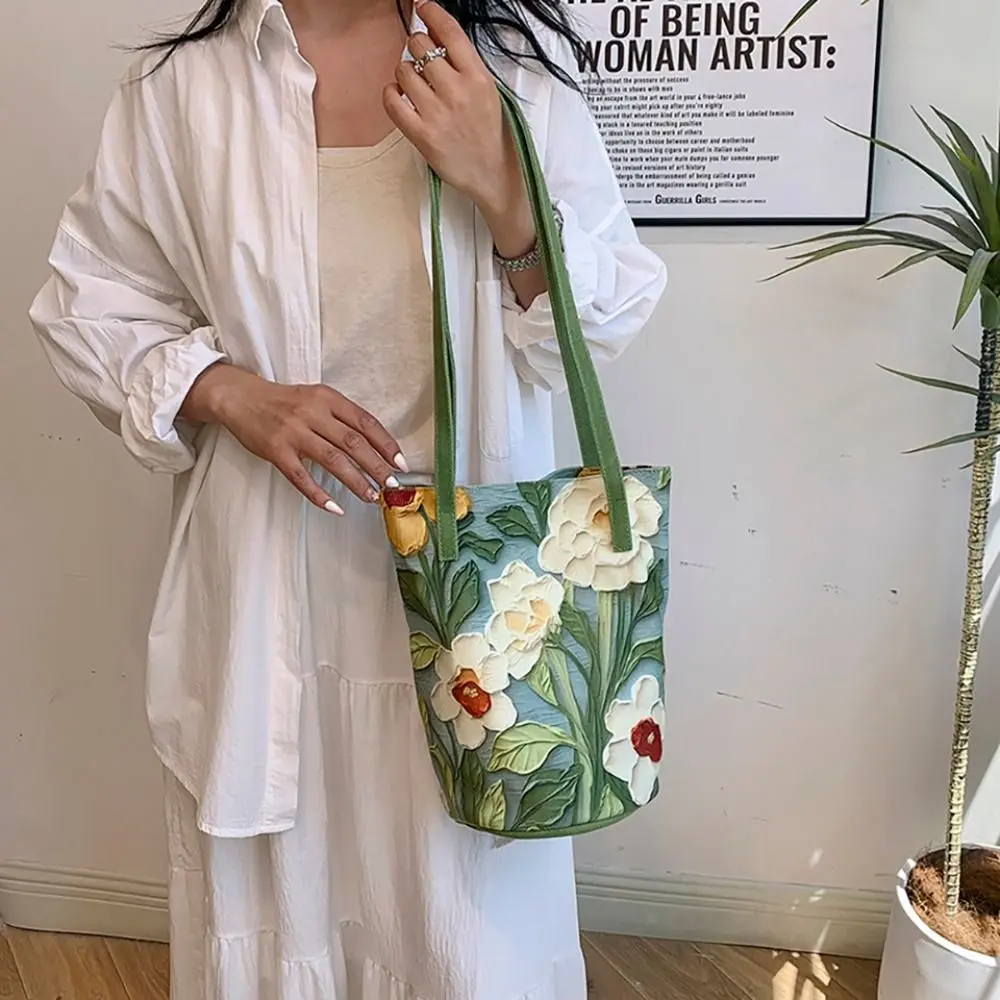 New Floral Pattern Bucket Bag Casual Canvas Shoulder Bag Large Capacity Creative Handbag for Women