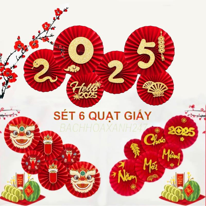 Sét 6 Quạt Giấy Đỏ Dán Tường trang trí Tết 2025. Quạt xếp đỏ decor trang trí nhà cửa ,cửa hàng, phòng học