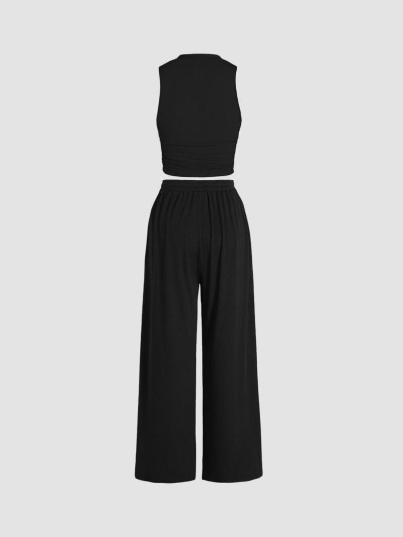 Product Introduction of Two-piece Set Women's Ruched Tank Top & Drawstring Waist Pants Ribbed Set, Summer Sets, Casual Sleeveless Top & Wide Leg Trousers, Co-ords Set, Ladies Clothes for Daily Travel Wear, Modest Outfits, Workwear for Women 8