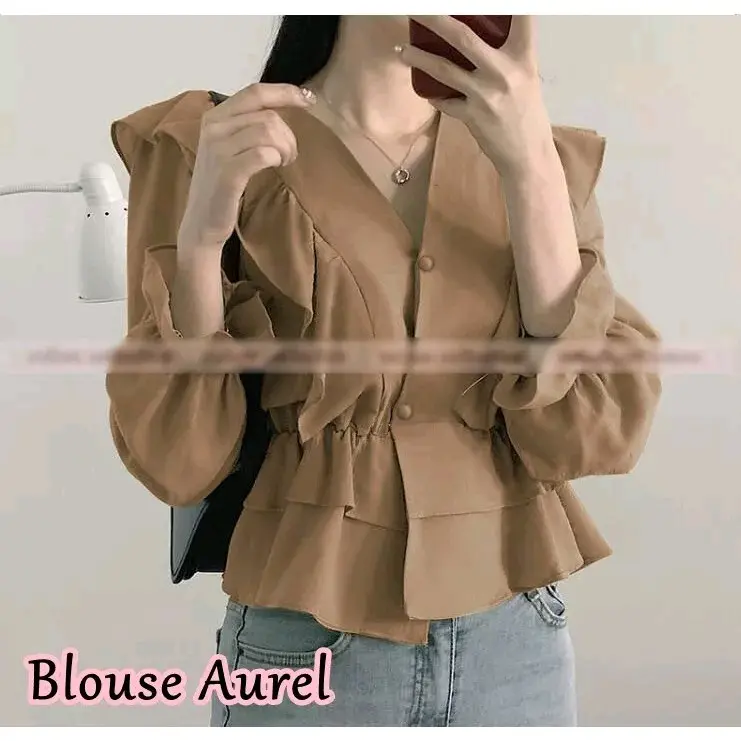 Blouse Aurel - Atasan Ruffle Gaya Korea Terbaru - Baju Wanita Tangan Panjang Kerah V Neck