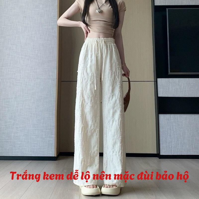 [Mẫu hot] Quần suông chất Đũi xước cá tính rách Đính Đá siêu Đẹp Bling,Quần suông ống rộng chất mềm mát nhẹ cạp chun lưng cao có dây rút Nữ Nhung Women Ong Kem Pants Màu Đen quần  vải