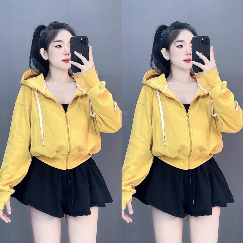 Áo khoác thun gân màu trơn nón rộng bassic, Quỳnh Hí shop Top Nữ