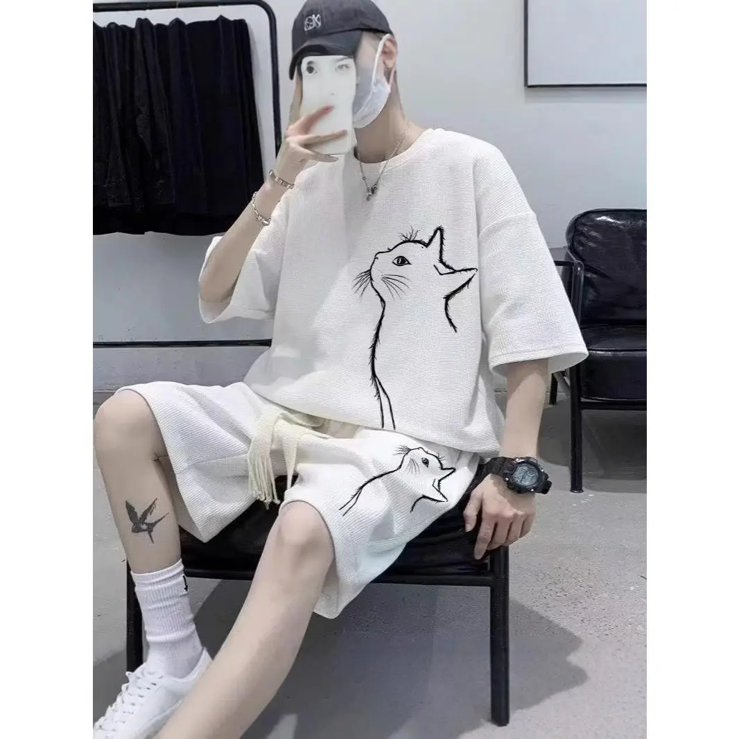 Men's Sports Outfit Set - Summer Short Sleeve T-Shirt & Basketball Shorts, Casual 2-Piece, Korean Style Trendy Streetwear
