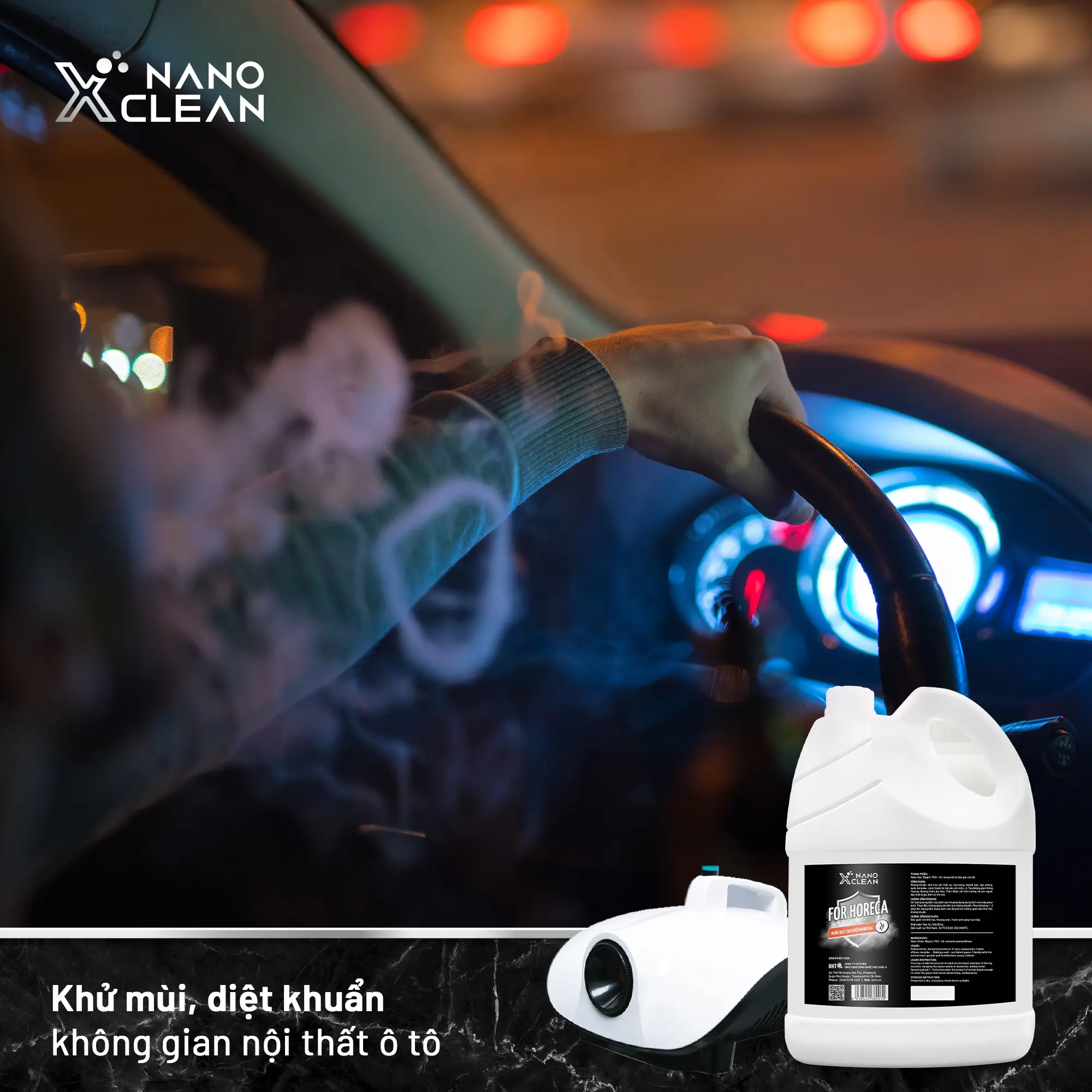 DUNG DỊCH PHUN KHÓI KHỬ MÙI DIỆT KHUẨN Ô TÔ NANO BẠC NANO XCLEAN FOR HORECA 5L