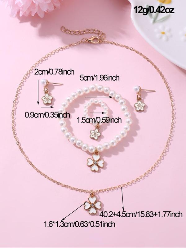 Cute Four-leaf Clover Design Faux Pearl Decorated Jewelry Set, Fashion Necklace Earrings Ring Bracelet for Girls, Trendy All-match & Exquisite Jewelry for Birthday Gift 7