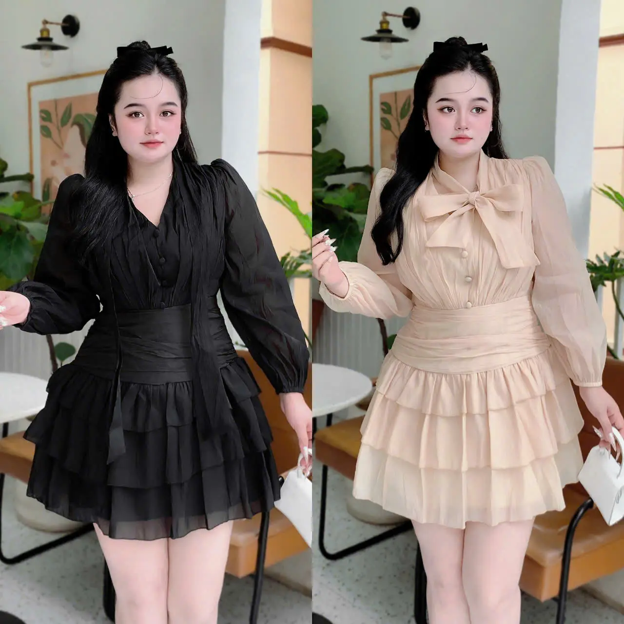 Váy Dự Tiệc Thiết Kế Bigsize Nista Chất Liệu Voan Tơ Óng Vân Hàn Quốc Chân Váy Xếp Li Tầng Chiết Eo Kết Hợp Dây Choàng Sang Trọng Nữ Women Dress Kem Đen